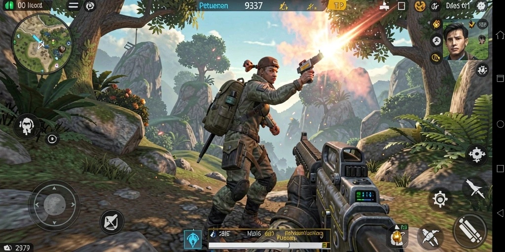 Tampilan gameplay 93337 yang mendebarkan dalam pertempuran TPS.