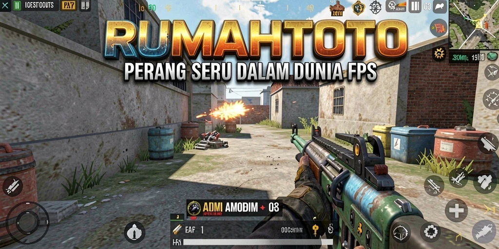 Tampilan gameplay seru dalam RUMAHTOTO dengan aksi tembak-menembak.